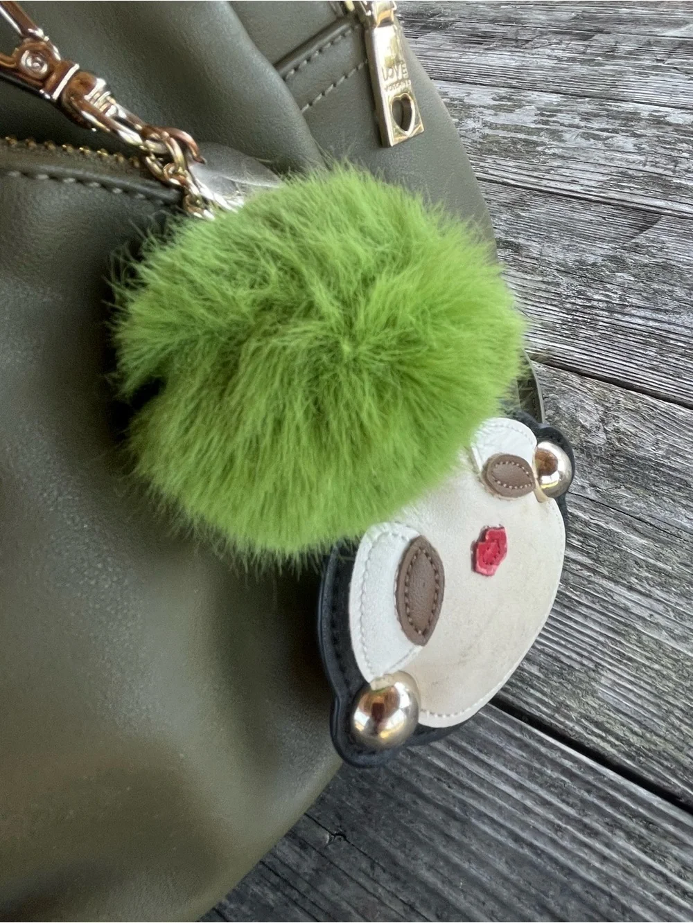 Love Moschino  Olive Green sm Backpack with Green Pom-Pom Charm